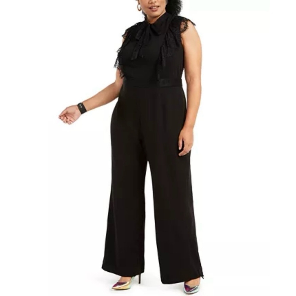 Betsey Johnson Black Lace Bow Tie Flutter Sleeve Wide Leg Sleeveless Jumpsuit